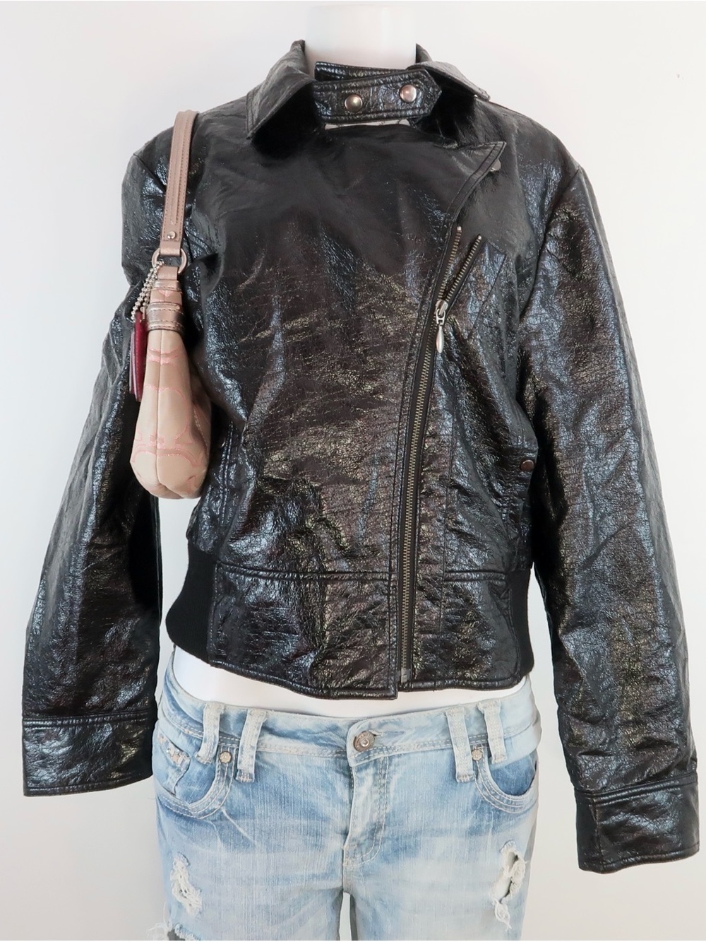 apt. 9 black distressed faux leather moto jacket y2k